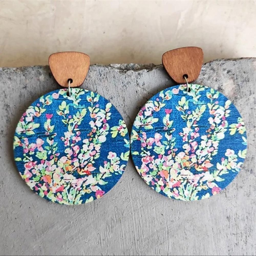 Blue Pink Floral Wooden Lightweight Print Bohemian Statement Earrings